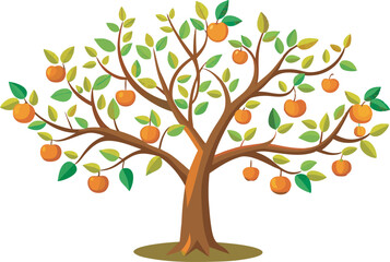 A vibrant vector art illustration depicting a lush, pruned fruit tree with colorful, ripe fruits and neatly trimmed green foliage.