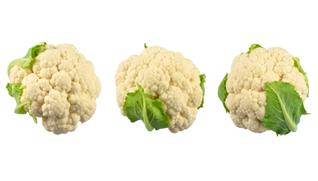 Three fresh cauliflowers rotating on a transparent background, perfect for healthy food and dietary concepts