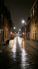 Fototapeta premium Tranquil Night Photography: Urban Scene with Warm Light and Atmospheric Reflections on a Wet Pavement in a Quiet Neighborhood