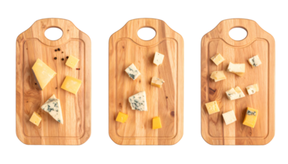 Rustic wooden board presenting assorted gourmet cheeses, blue cheese, cheddar, scattered peppercorns, artisanal culinary display