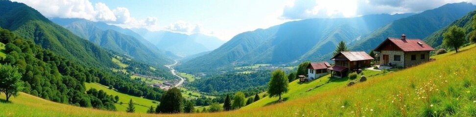 Naklejka premium Panoramic view of Najac village & surrounding valley, hilltop, landscape, panoramic
