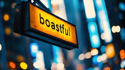 A yellow sign with the word 'boastful' on it, hanging against a blurry background of blue and white lights