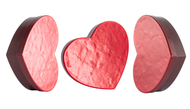 Three heart shaped chocolate boxes rotating on a transparent background, perfect for Valentine's Day or anniversaries