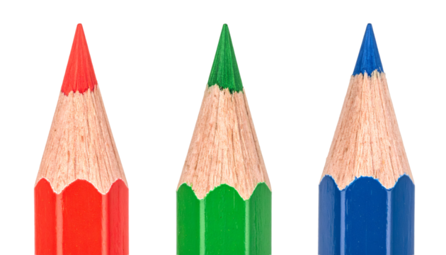 Red, Green and Blue Colored Pencils Pointing Upwards on Transparent Background