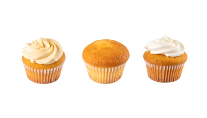 Set of three cupcakes from different angles isolated on a transparent background with clipping path