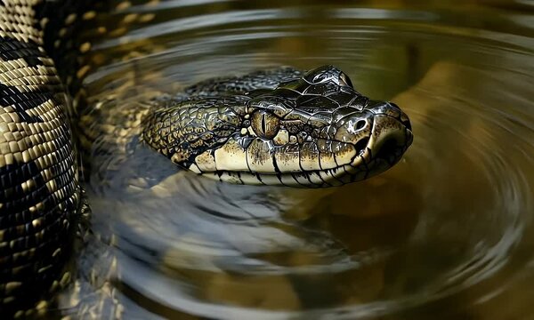 Close Up Black and Tan Snake Swimming In Water With Reflections and Smooth Texture