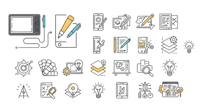 Iconos editables de contorno de trazo relacionados con el arte, la creatividad y el dise&ntilde;o gr&aacute;fico, aislados sobre fondo blanco, ilustraci&oacute;n vectorial plana. Pixel perfecto. 64 x 64