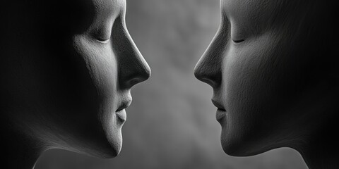 A black and white image capturing an intimate moment between two sculpted heads, symbolizing companionship or confrontation.