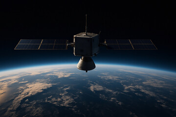 Orbital Sentinel: A satellite soars in the vast expanse of space, positioned in an orbit around Earth, symbolizing technological innovation and humankind's exploration beyond the terrestrial sphere.