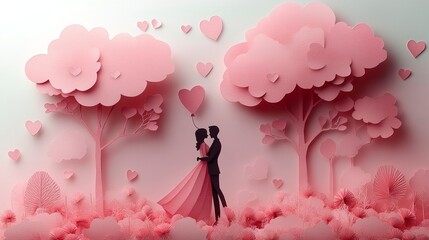 Valentine couple in fairytale pink forest with cloud sky and love balloons in paper cutout art style 