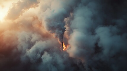 Obraz premium Dramatic photograph of a large fire with thick black smoke ascending into the sky against the warm, golden glow of a setting sun. The image captures the intensity of the blaze amidst the backdrop of