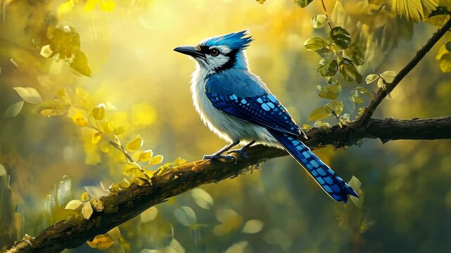 Bright blue jay perched on a branch, its feathers shining in the morning sunlight.
