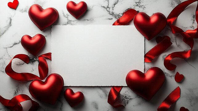 Valentine background with white sheet framed by red hearts and ribbon for customizable text 