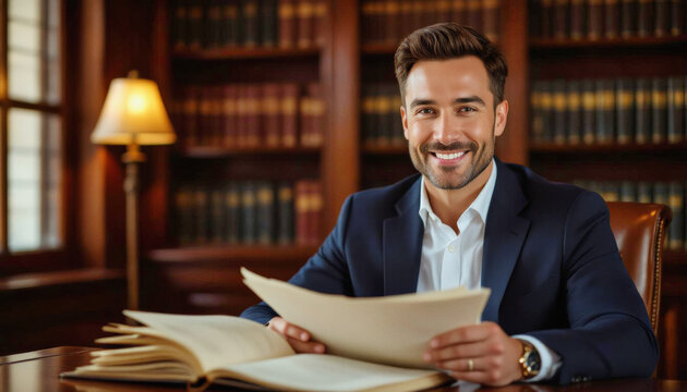 A confident man with a neatly trimmed beard smiles warmly while reviewing documents at his desk in a traditional library setting.