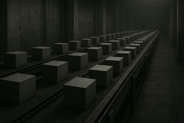 Industrial Conveyor Belt: A stark, industrial setting with a long conveyor belt carrying numerous gray cubes, showcasing a minimalist, almost abstract design.