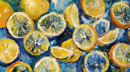 Vibrant citrus slices, painted in a still life arrangement.