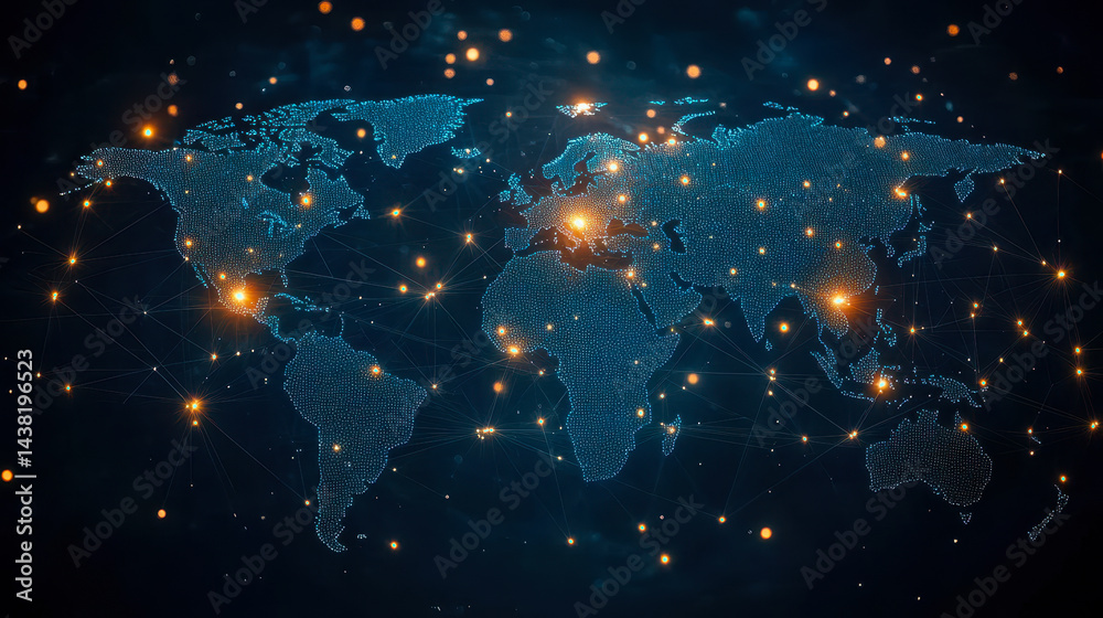 Poster global digital network connection world map with glowing nodes and lines depicting international con