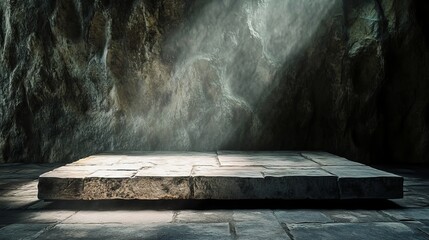 Ancient Stone Platform Dramatic Cave Background Mystical Dark Grey Rough Texture Product Display Mysterious Shadow Light Rays Medieval Fantasy Setting