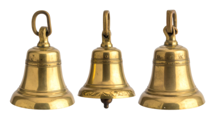 Three golden bells from different angles on transparent background