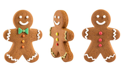 Set of three gingerbread cookies from different angles on transparent background