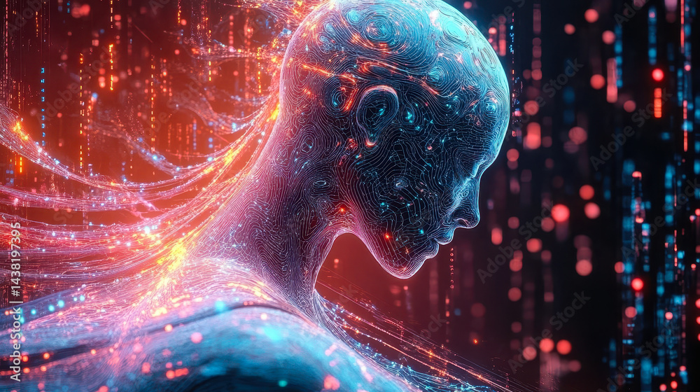 Poster futuristic cybernetic neural network: human-machine interface with glowing digital patterns and biol