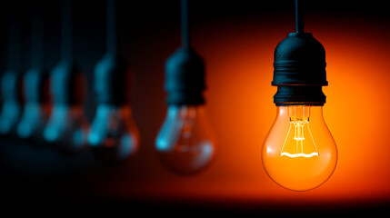 Close-up of glowing lightbulb, hanging with others blurred in background, showcasing warmth and illumination, symbolic of ideas and inspiration