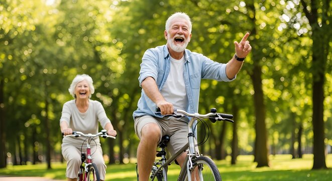 Feliz pareja de ancianos montando en bicicleta en el parque de verano