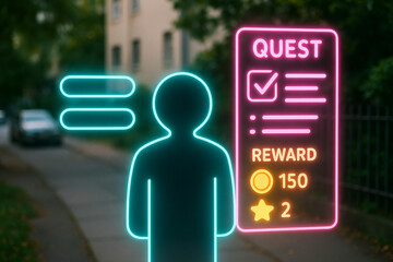 Futuristic Augmented Reality Quest Interface with Neon User Icon and Reward System in Urban Environment