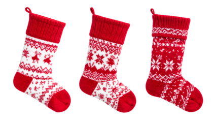 Three Christmas Stockings with Nordic Decoration on Transparent Background