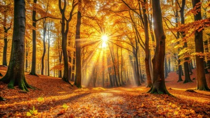 Sunbeams filter through a golden canopy of leaves, illuminating a path through the autumn forest.