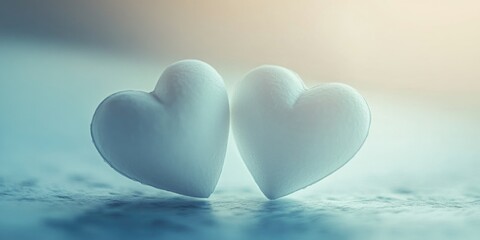 Fototapeta premium This image presents a visually captivating scene of two hearts covered in frost, appearing as if they are floating on a frozen water surface. The cool tones and soft lighting evoke a sense of serene