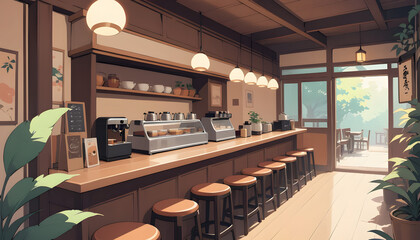 Cozy animated style cafe at night with warm and welcoming vibes. Cute Anime girls as barista and cashier. Lofi Japanese modern Cafe. Modern still comforting and nostalgic cafe 