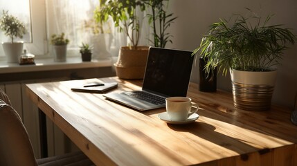 Fototapeta premium Workspace Oasis: A sun-drenched workspace with a laptop, plants, and a coffee cup, creating a serene and productive environment.