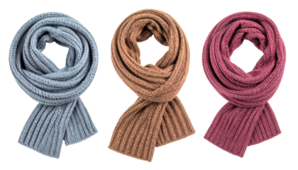 Set of three warm knitted scarves isolated on transparent background