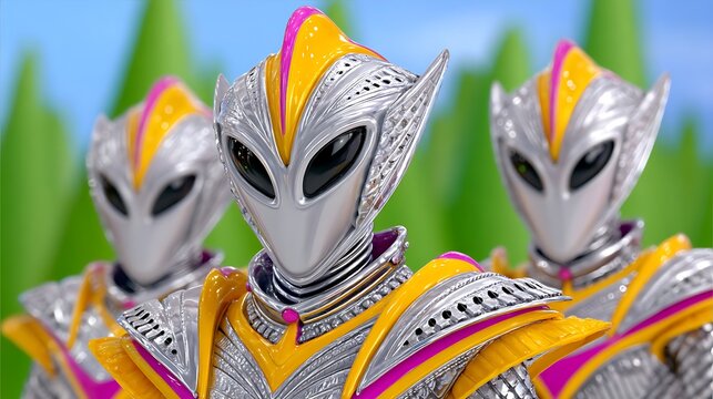 Three silver, yellow, and pink uniformed figures with smooth heads and large black eyes, stand side-by-side