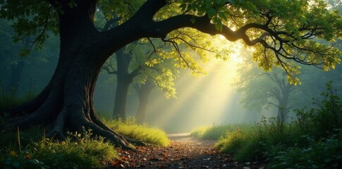 Fototapeta premium Sun-dappled gloom, gnarled branches reach for fading light , yellow, magical