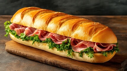 Ham and lettuce sub sandwich on cutting board