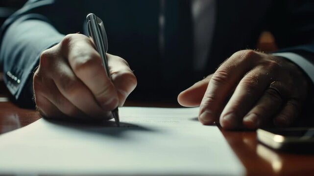 A man is writing on a piece of paper with a pen. He is dressed in a suit and tie, and the image conveys a sense of formality and professionalism