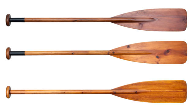 Wooden rowing oars resting against white backdrop, highlighting nautical equipment design