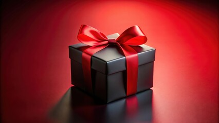 Fototapeta premium A black gift box with a large red bow, sitting on a red background, casting a shadow.