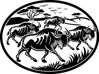 Fototapeta premium Charging herd of wildebeests crossing a dusty plain, dynamic motion captured with sharp vector shapes, bold and rugged color scheme