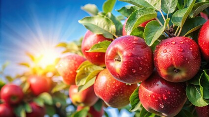 Shiny Red Apples Hanging on a Branch with Dew Drops and Sunlight Shining Through the Leaves