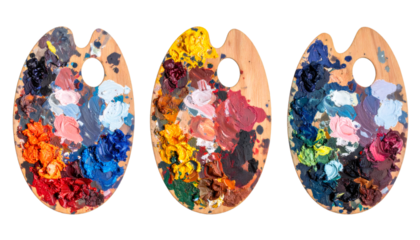 Set of three wooden artist palettes full of colorful oil paints isolated on transparent background