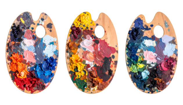 Set of three wooden artist palettes full of colorful oil paints isolated on transparent background