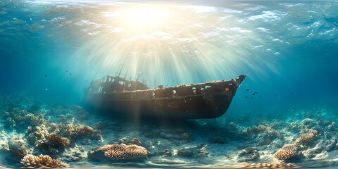 Sunken ship exploration underwater coral reef hdr 360 degree view ocean environment