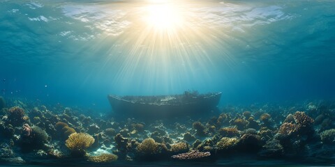 Fototapeta premium Underwater hdr exploration of coral reef and shipwreck in 360 degree hd environment