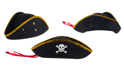 Three Black Pirate Hats with Golden Lace and Skull and Crossbones on Transparent Background