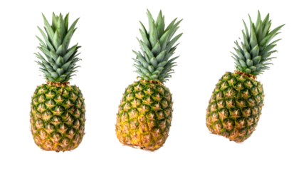 Set of three pineapples rotating on transparent background