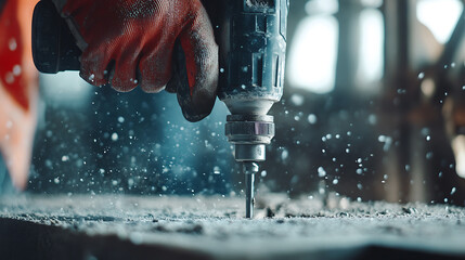 Close-up of a hand using a drill on a metal surface