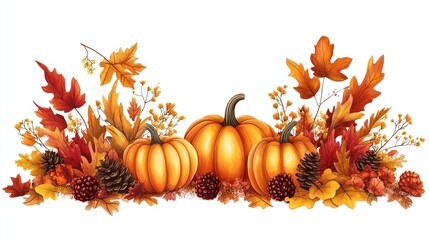Fall clipart with autumn leaves, pumpkins, and harvest elements for seasonal greetings, Thanksgiving, and cozy themes